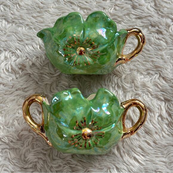 Handmade Other - Vintage Midcentury 50s Green Floral Ceramic Bowls with Gold Handles Cream Sugar